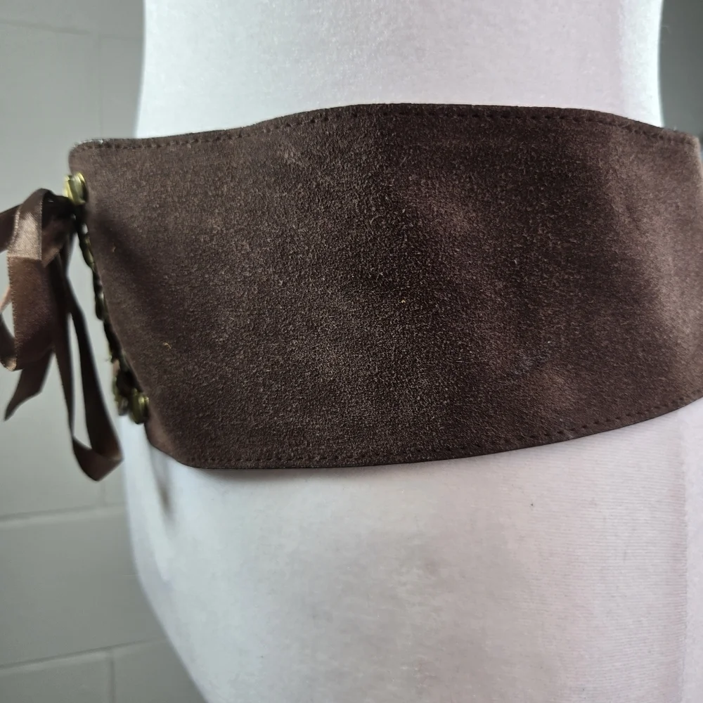 Vtg brown suede leather lace up corset Coquette womens belt